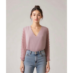 Fashion Collection Pink Blouse with Pom Pom Sleeves V-Neck XL Coquette Girlhood